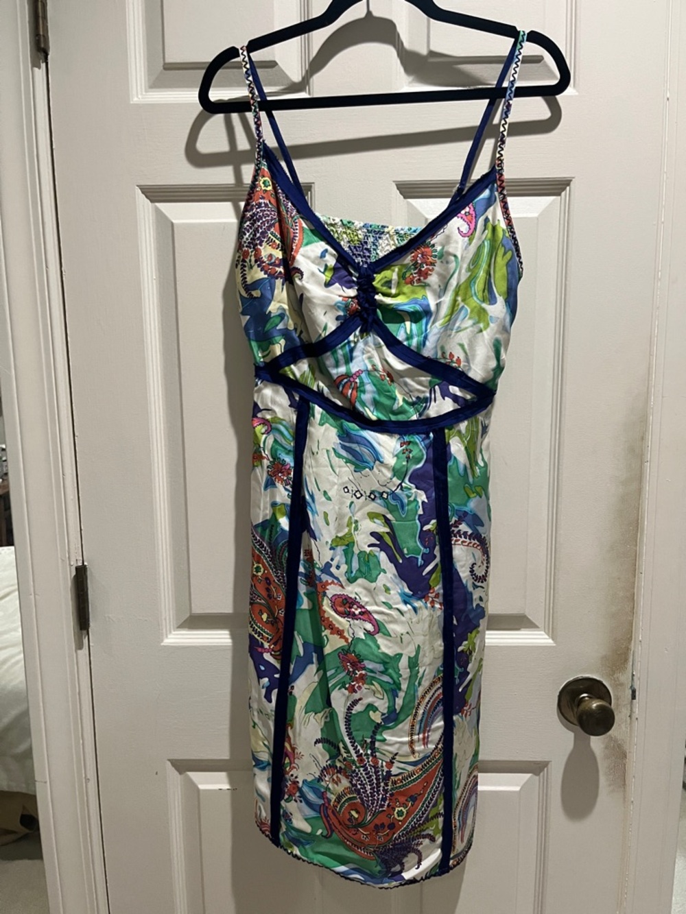 Robert Graham White Multicolor Paisley-Print Satin Dress with Blue Trim